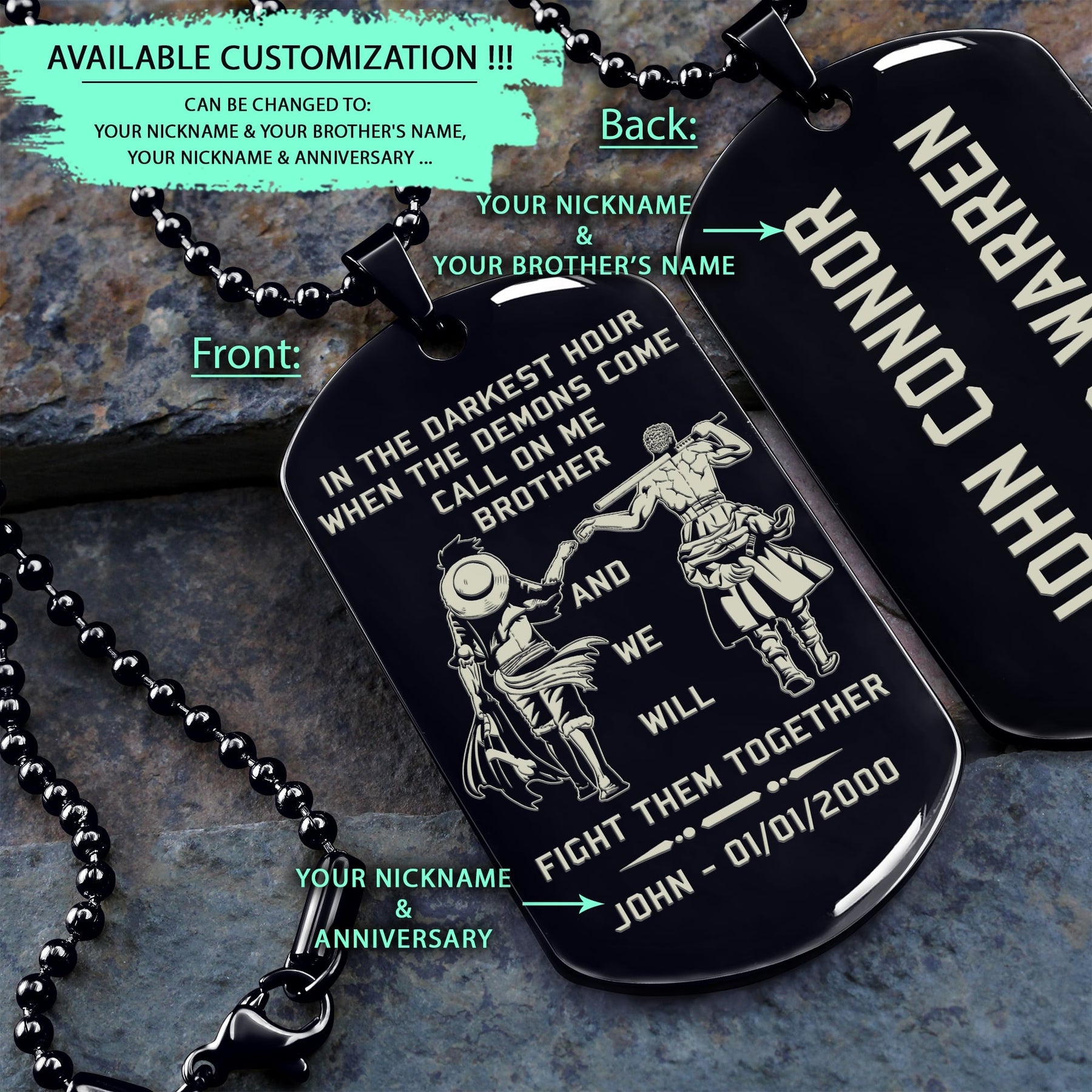 OPD004 - Call On me Brother - Monkey D. Luffy - Roronoa Zoro - One Piece Dog Tag - Engrave Black Dog Tag