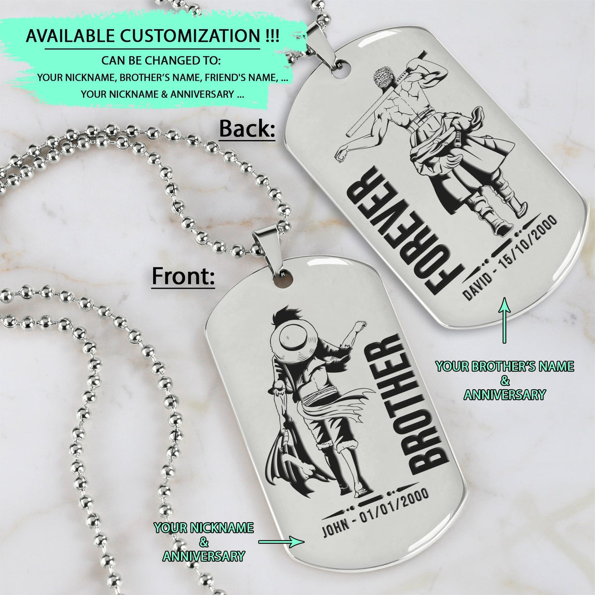 OPD020 - Brother Forever - Monkey D. Luffy - Roronoa Zoro - One Piece Dog Tag - Engrave Double Sided Silver Dog Tag