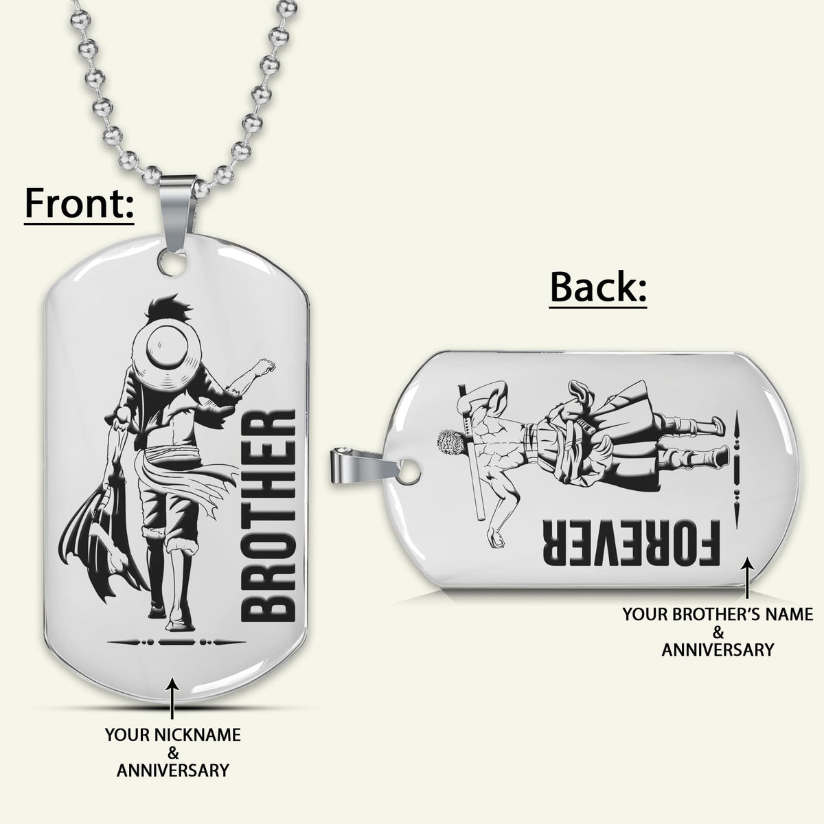 OPD020 - Brother Forever - Monkey D. Luffy - Roronoa Zoro - One Piece Dog Tag - Engrave Double Sided Silver Dog Tag