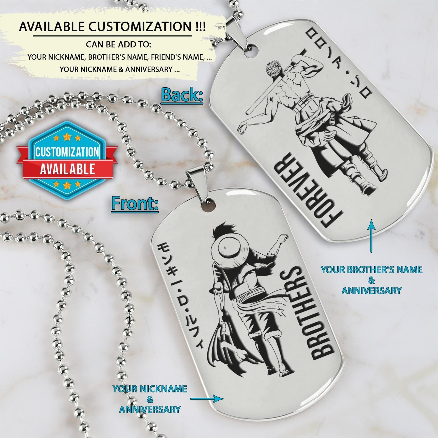 OPD030 - Brothers Forever - Monkey D. Luffy - Roronoa Zoro - One Piece Dog Tag - Double Sided Engrave Silver Dog Tag