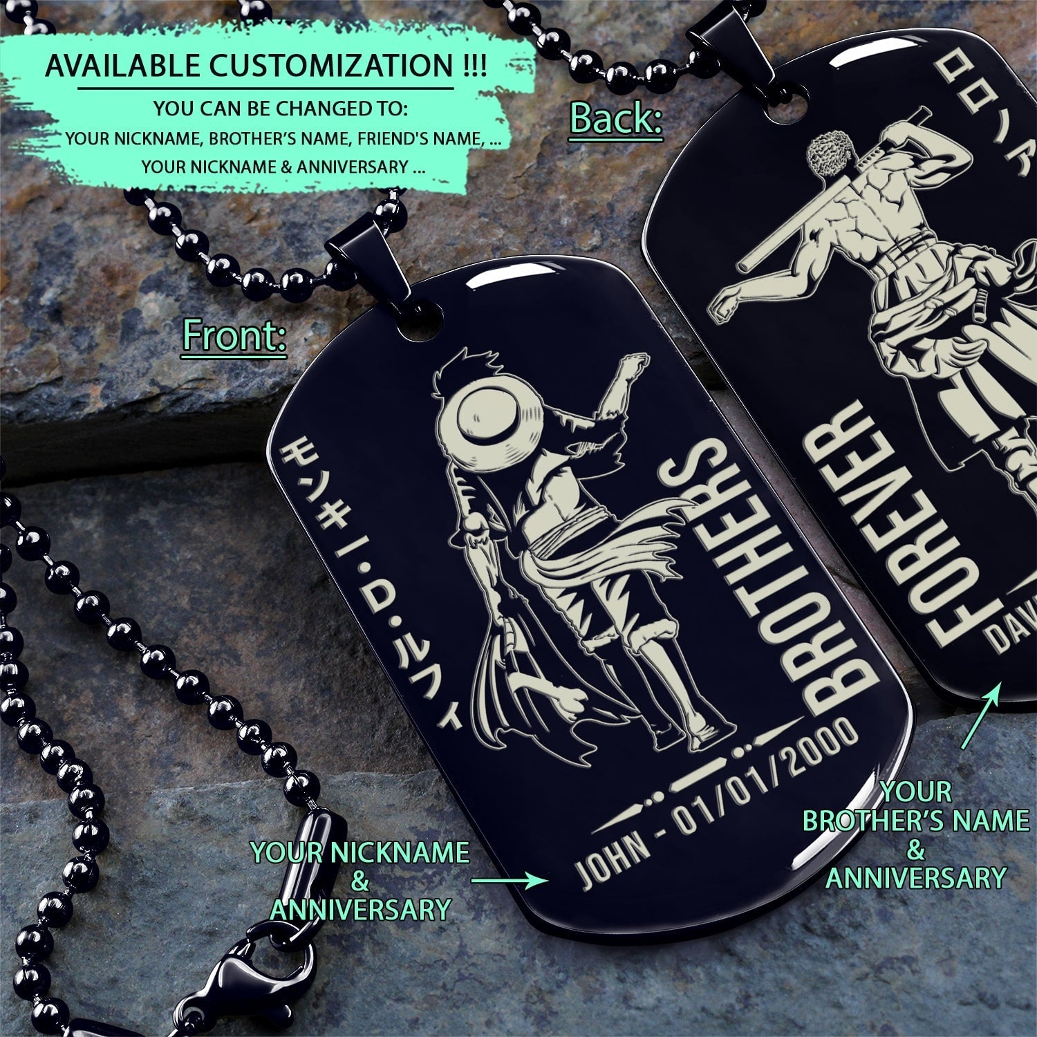 OPD031 - Brothers Forever - Monkey D. Luffy - Roronoa Zoro - One Piece Dog Tag - Double Sided Engrave Black Dog Tag