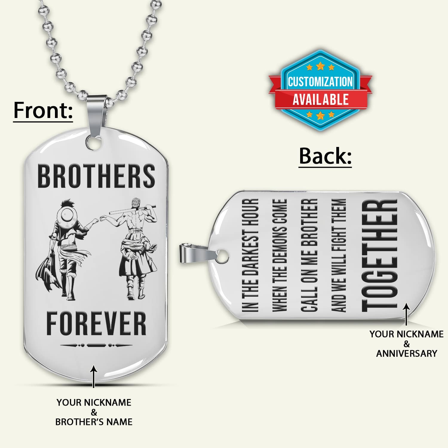OPD034 - Brothers Forever - Call On Me Brother - Monkey D. Luffy - Roronoa Zoro - One Piece Dog Tag - Double Sided Engrave Silver Dog Tag