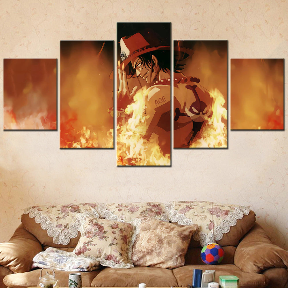 One Piece - 5 Pieces Wall Art - Portgas D. Ace 1 - Printed Wall Pictures Home Decor - One Piece Poster - One Piece Canvas