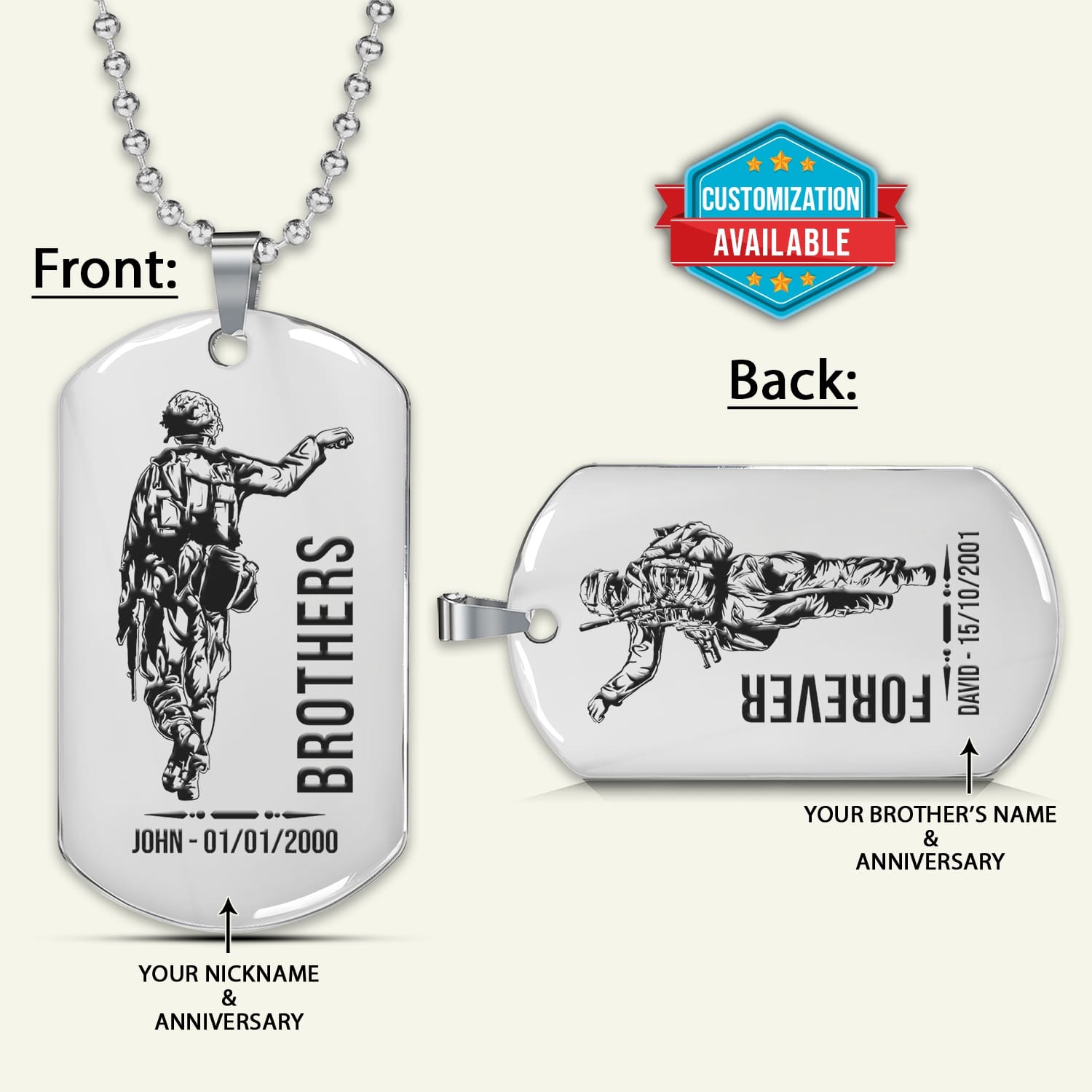 SDD040 - Brothers Forever - Army - Marine - Soldier Dog Tag - Silver Double-Sided Dog Tag