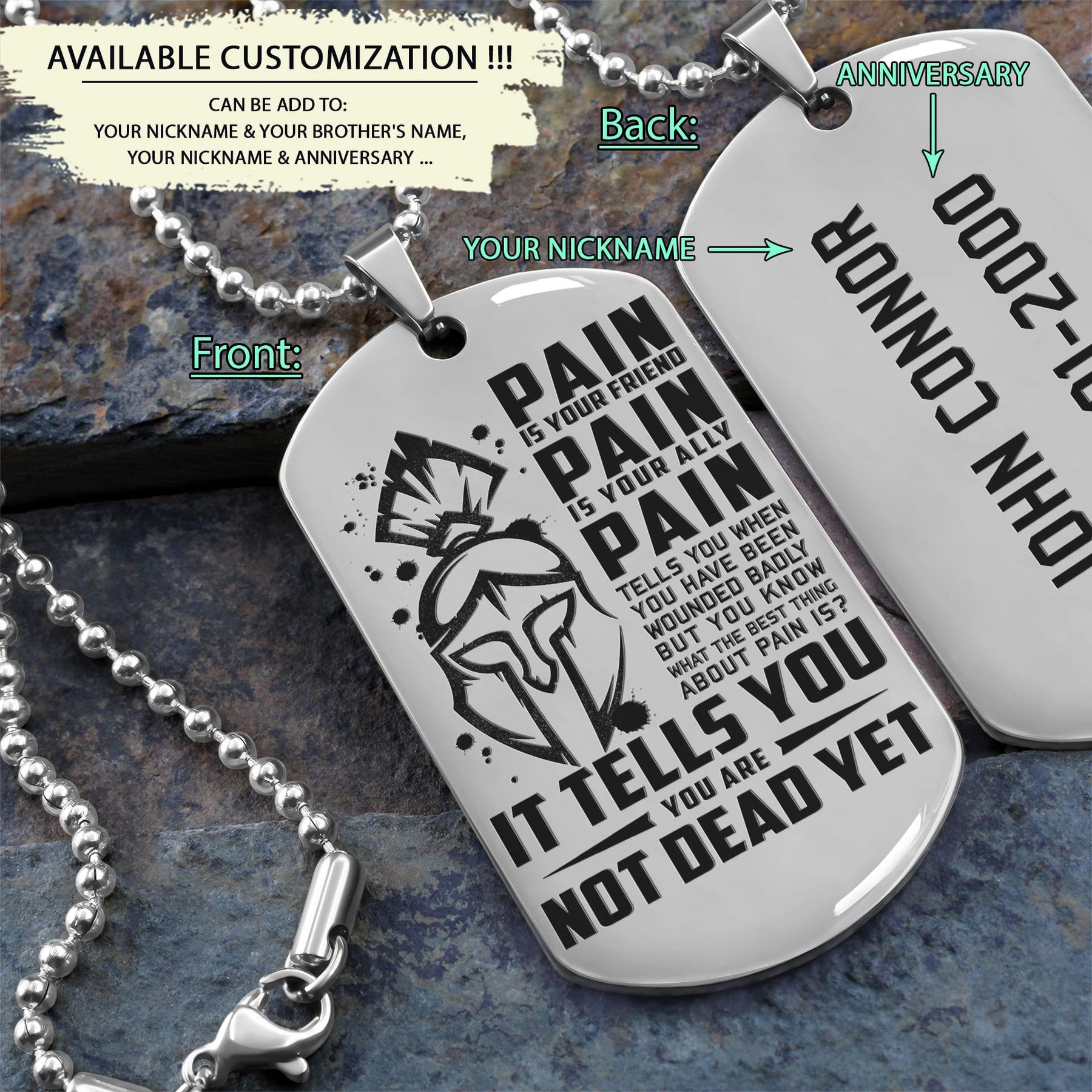 WAD016 - PAIN - You Are Not Dead Yet - Spartan - Warrior - Engrave Silver Dog Tag