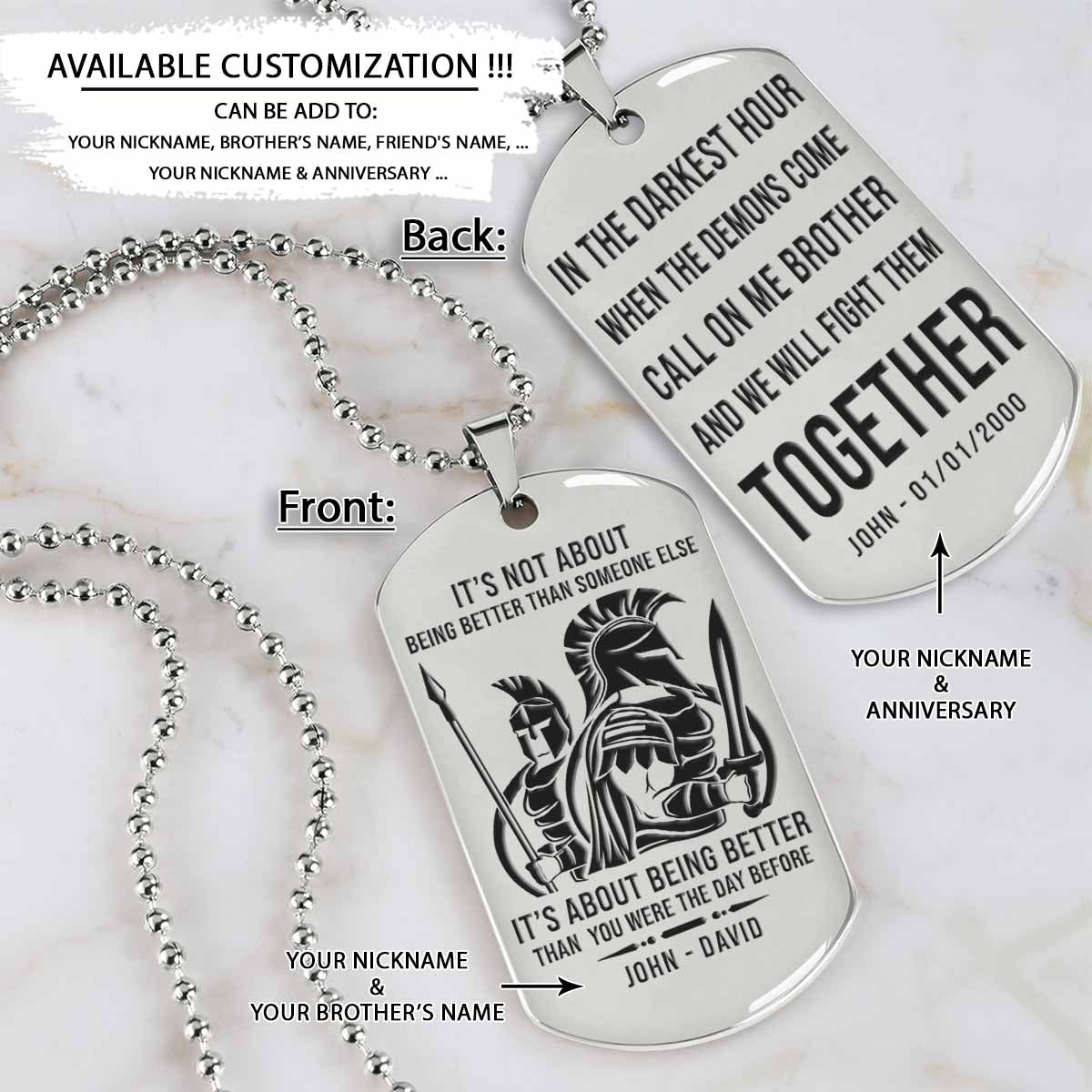 WAD060 - Call On Me Brother - It's Not About Being Better Than Someone Else - Warrior - Spartan Necklace - Engrave Silver Dog Tag