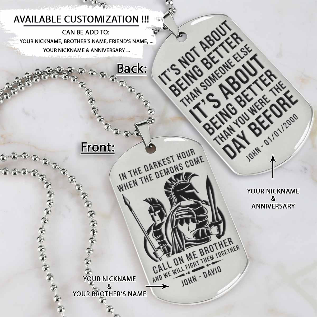 WAD064 - Call On Me Brother - It's Not About Being Better Than Someone Else - Warrior - Spartan Necklace - Engrave Silver Dog Tag